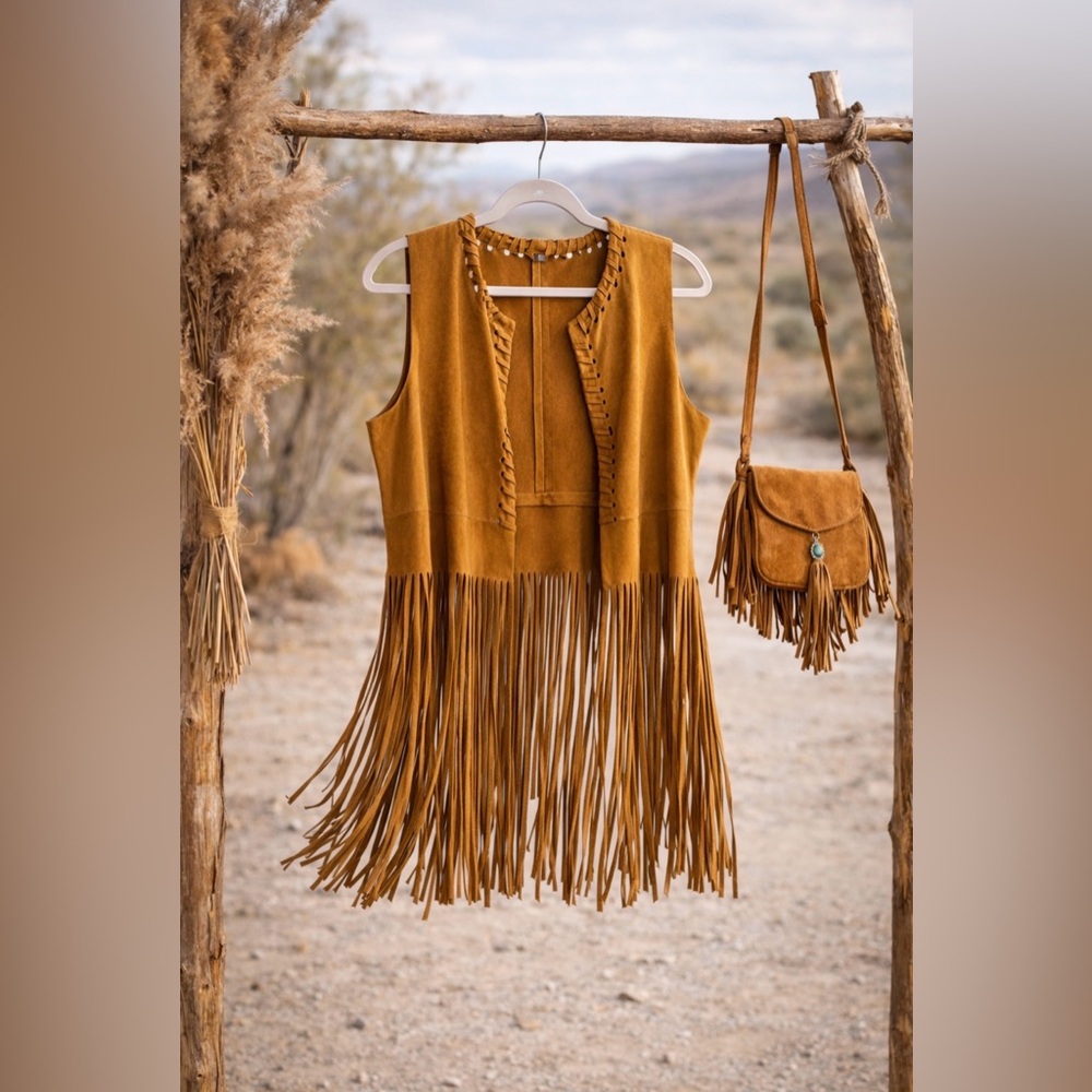 Boho Faux Suede Camel Long Fringe Western Festival Duster ~ Size Large - Picture 3 of 16